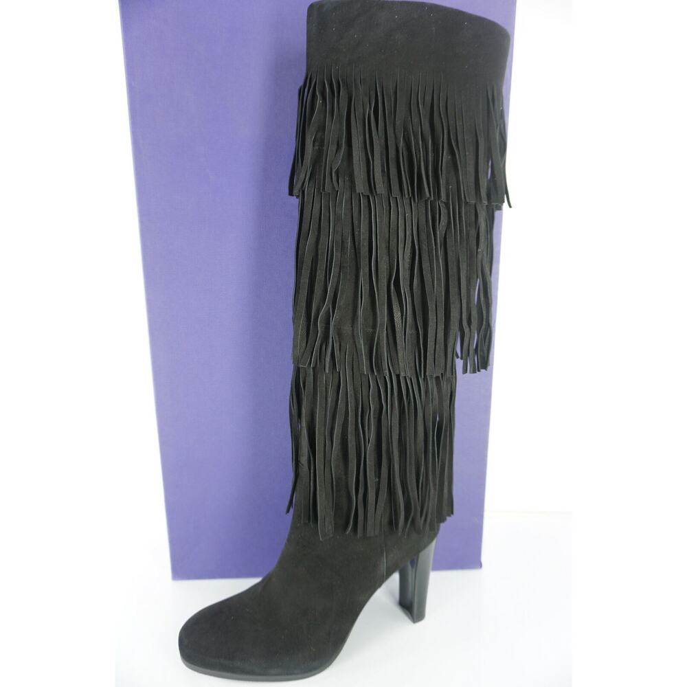 Stuart Weitzman Black Suede Fringie Knee High Boots SZ 7 N Narrow